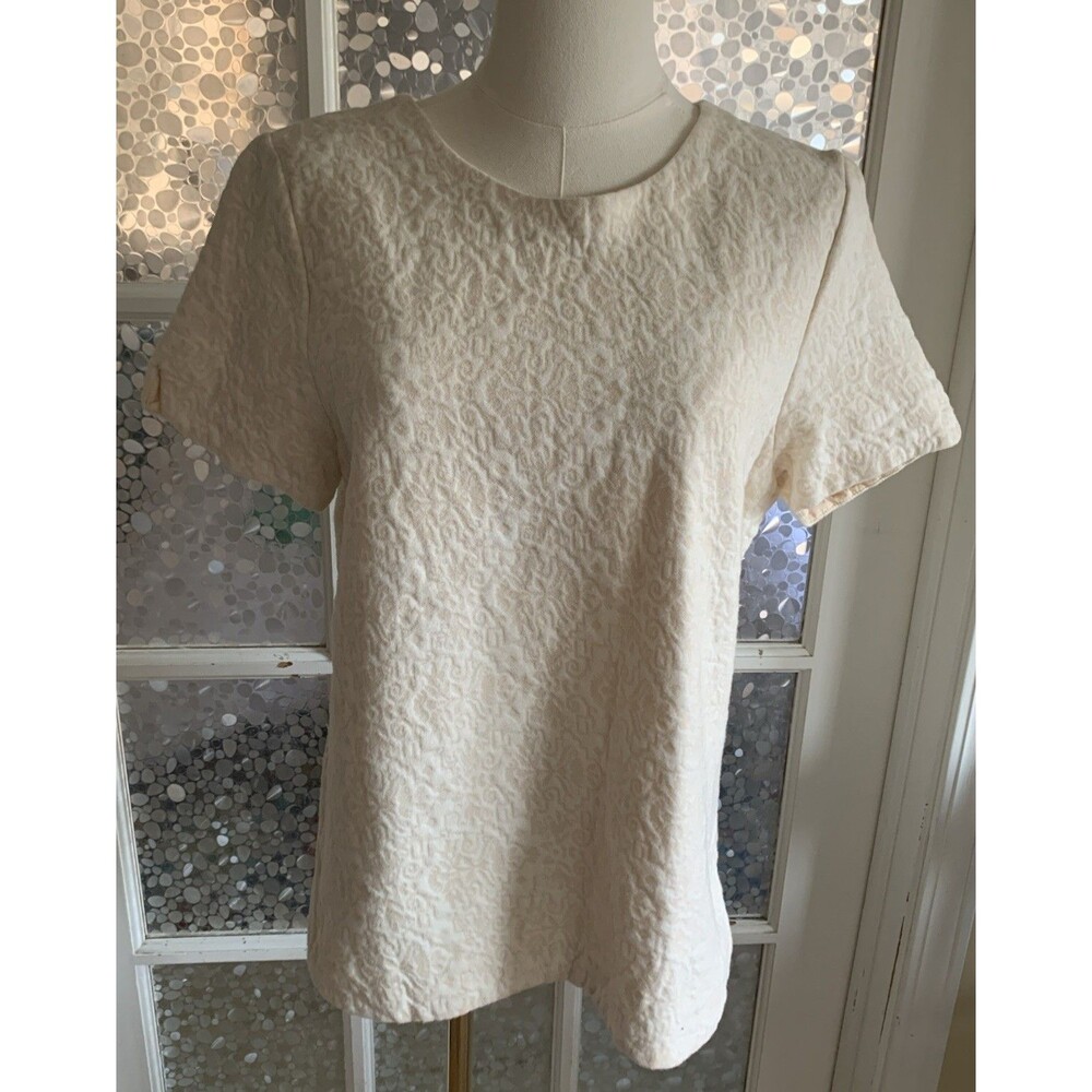 J Crew Top Zip Back Sz M Ivory Beige Textured Jacquard